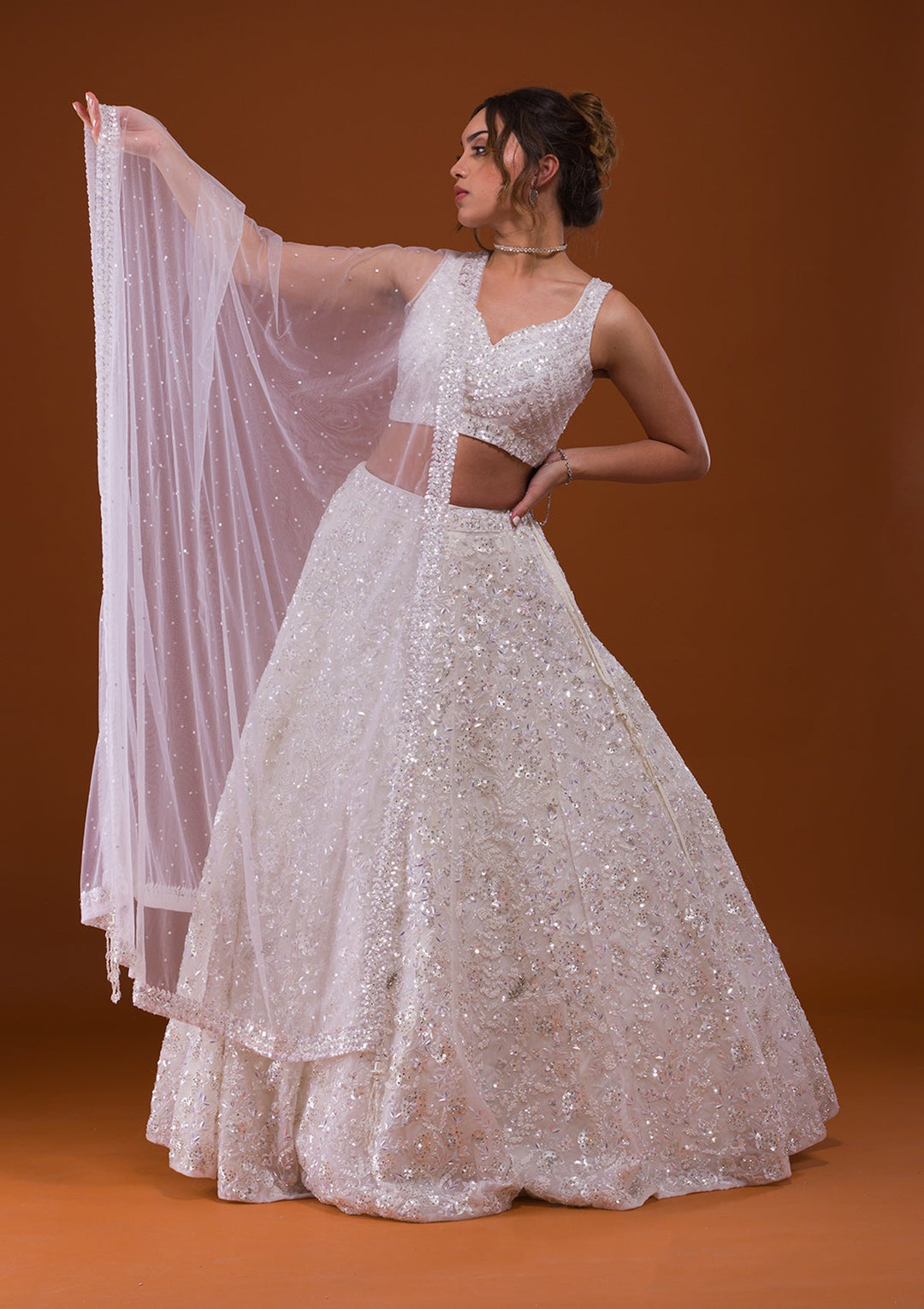 White Sequins Net Designer Lehenga-Koskii