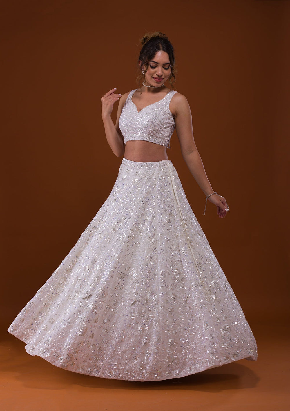 White Sequins Net Designer Lehenga-Koskii