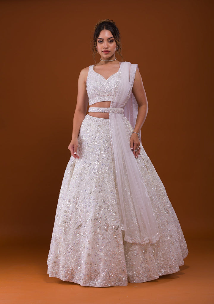 White Sequins Net Designer Lehenga-Koskii