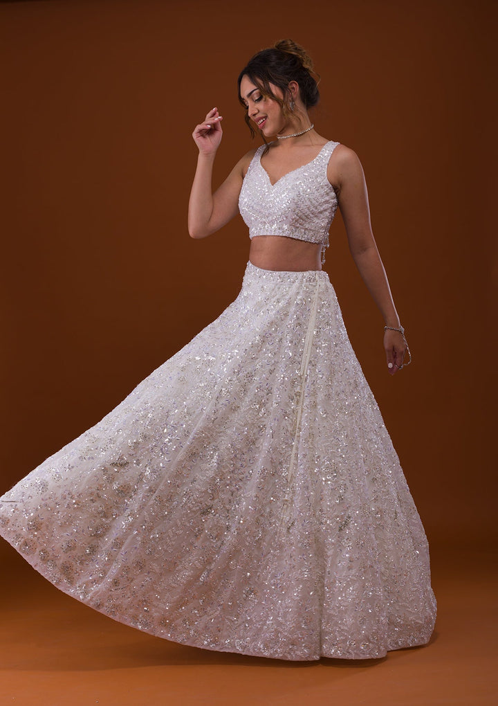 White Sequins Net Designer Lehenga-Koskii