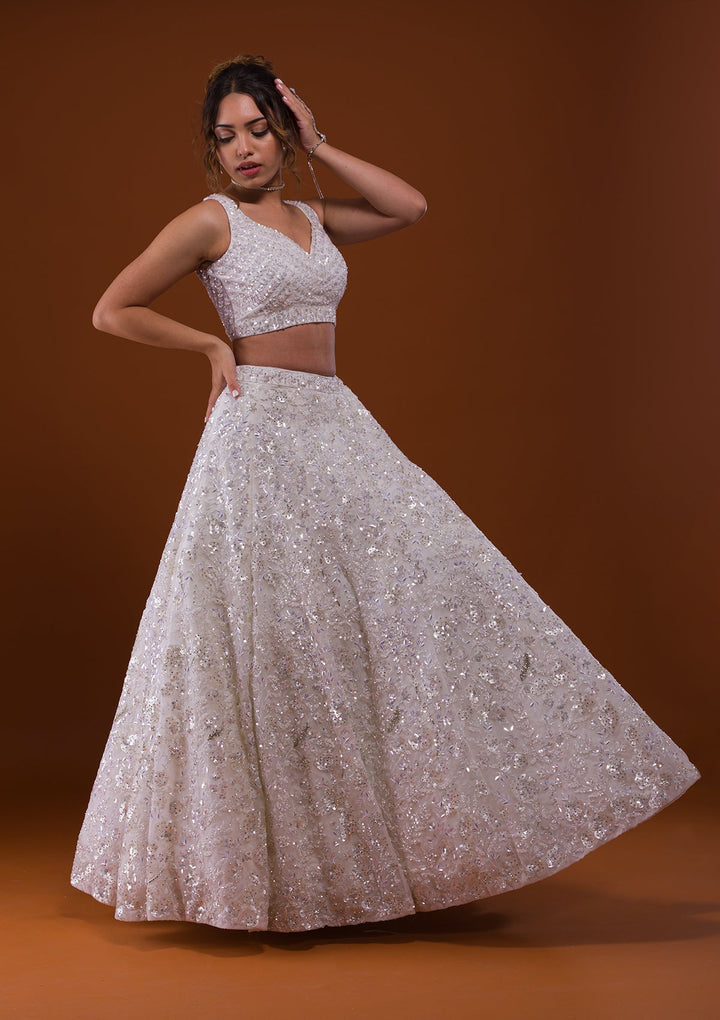 White Sequins Net Designer Lehenga-Koskii