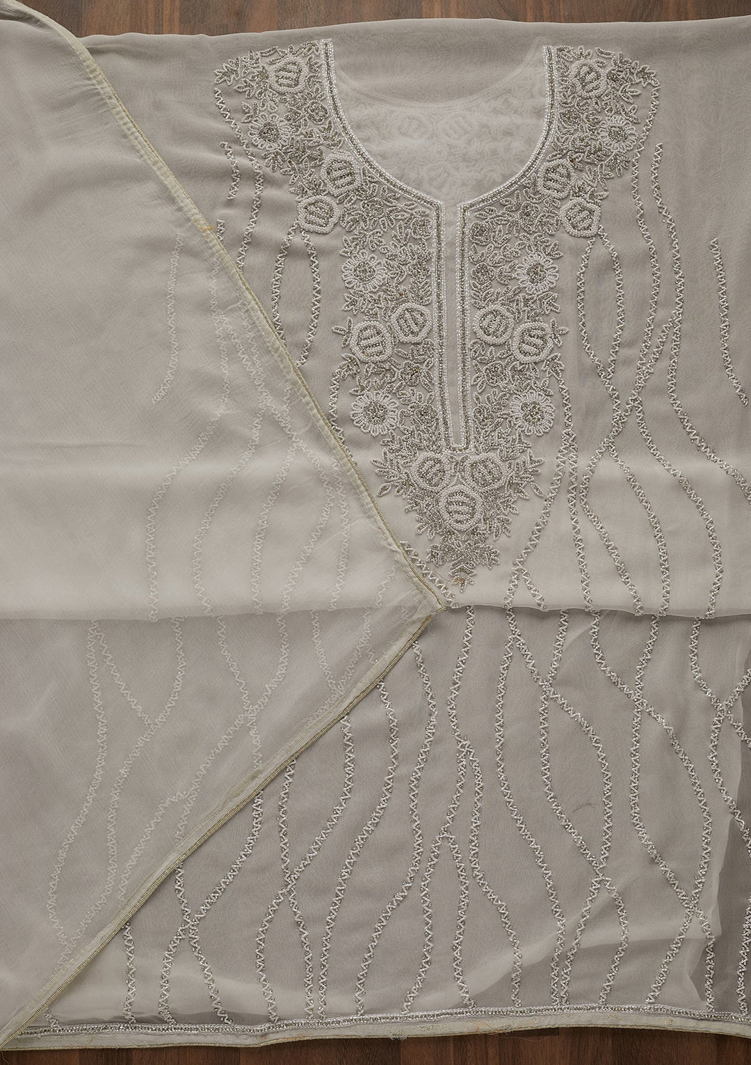 White Silver Stonework Georgette Unstitched Salwar Suit-Koskii