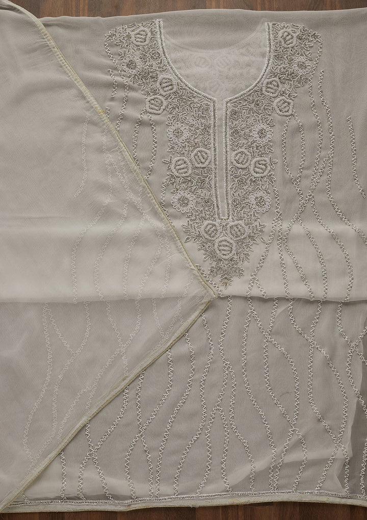 White Silver Stonework Georgette Unstitched Salwar Suit-Koskii