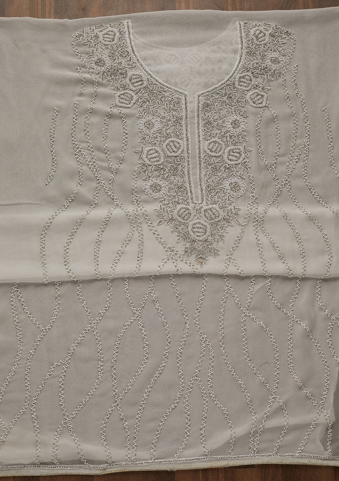 White Silver Stonework Georgette Unstitched Salwar Suit-Koskii