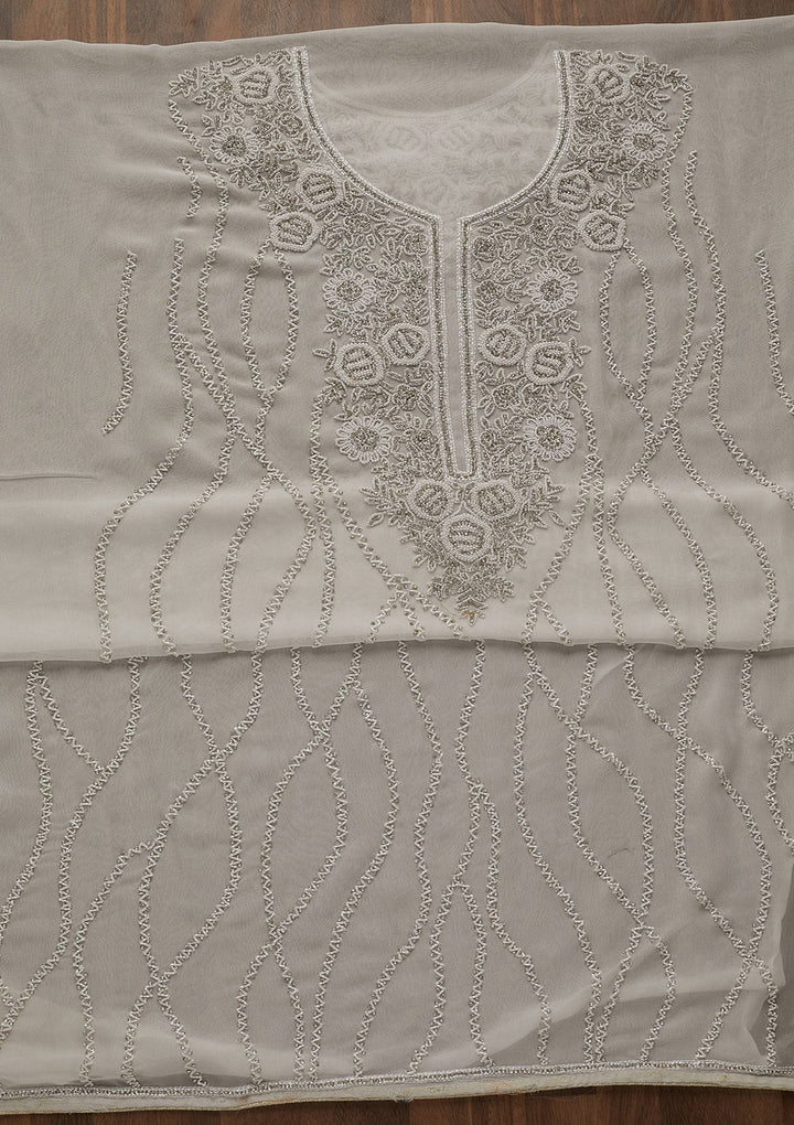 White Silver Stonework Georgette Unstitched Salwar Suit-Koskii