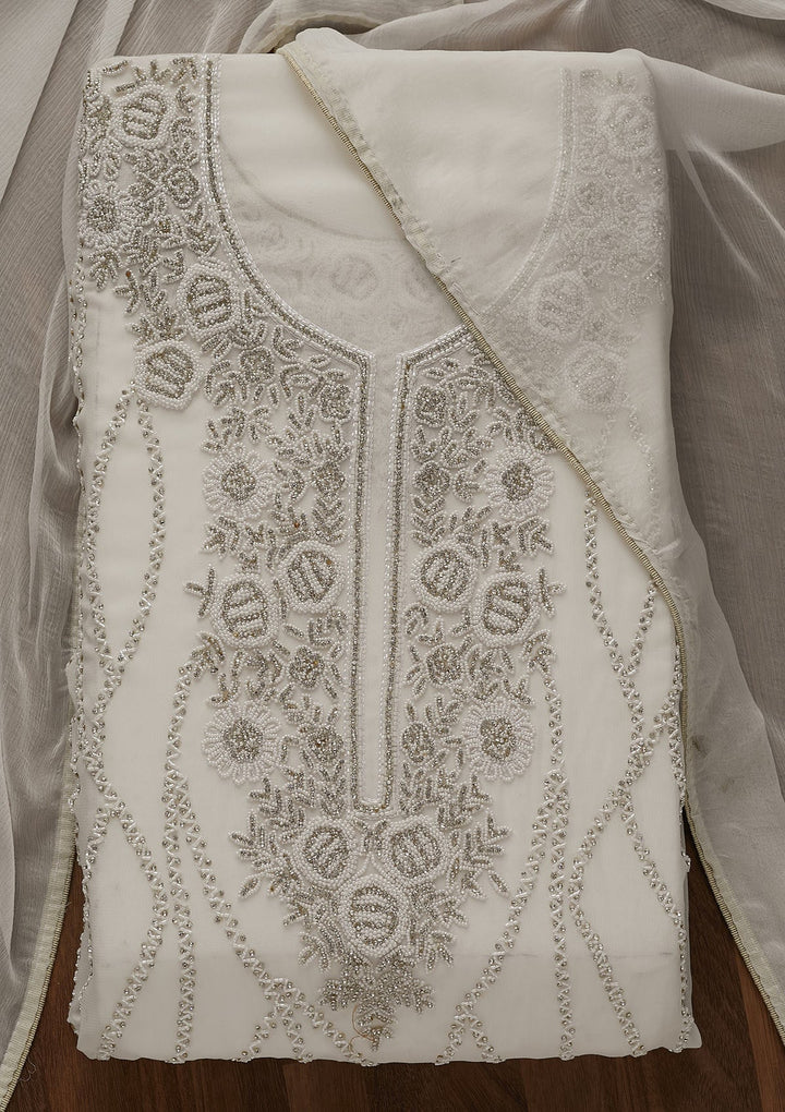 White Silver Stonework Georgette Unstitched Salwar Suit-Koskii