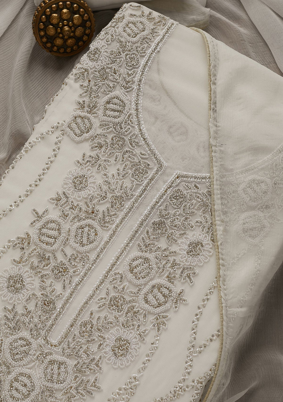 White Silver Stonework Georgette Unstitched Salwar Suit-Koskii