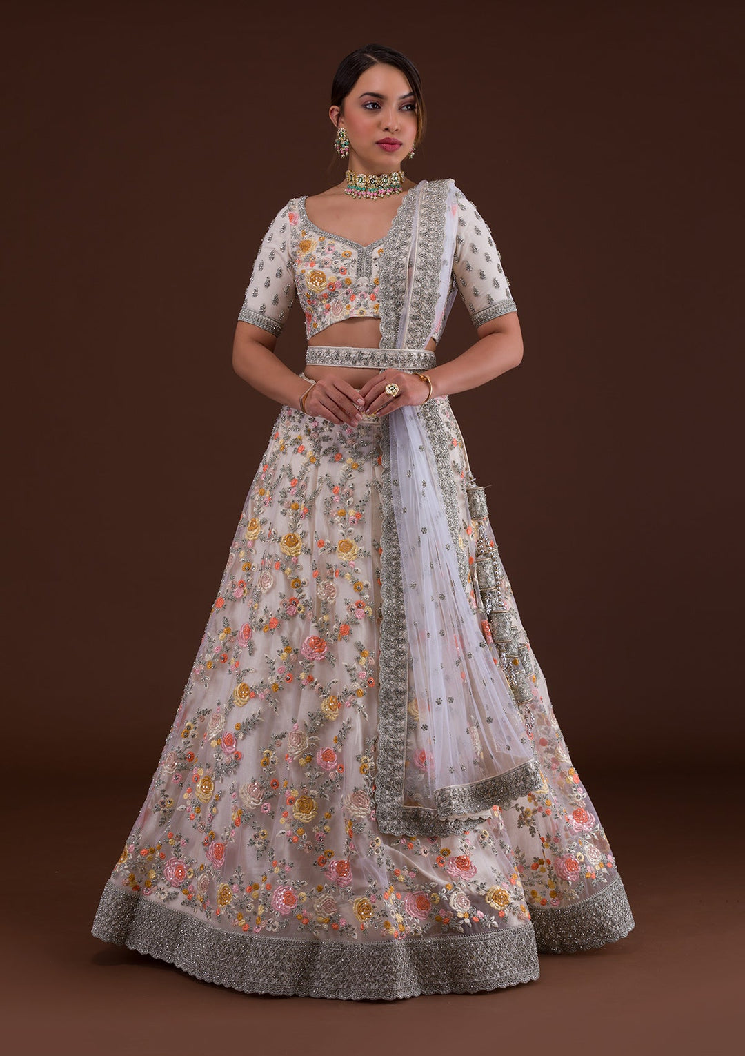 White Silver Stonework Net Designer Lehenga-Koskii