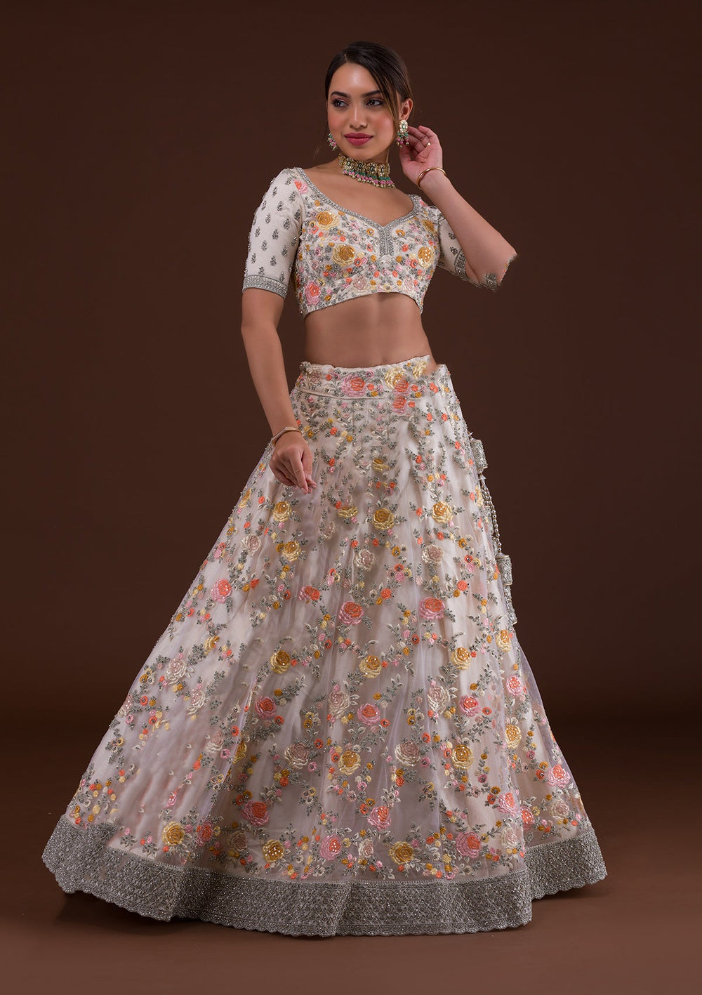 White Silver Stonework Net Designer Lehenga-Koskii