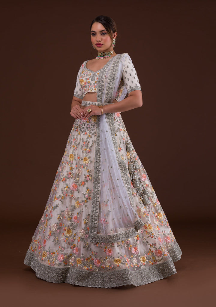 White Silver Stonework Net Designer Lehenga-Koskii