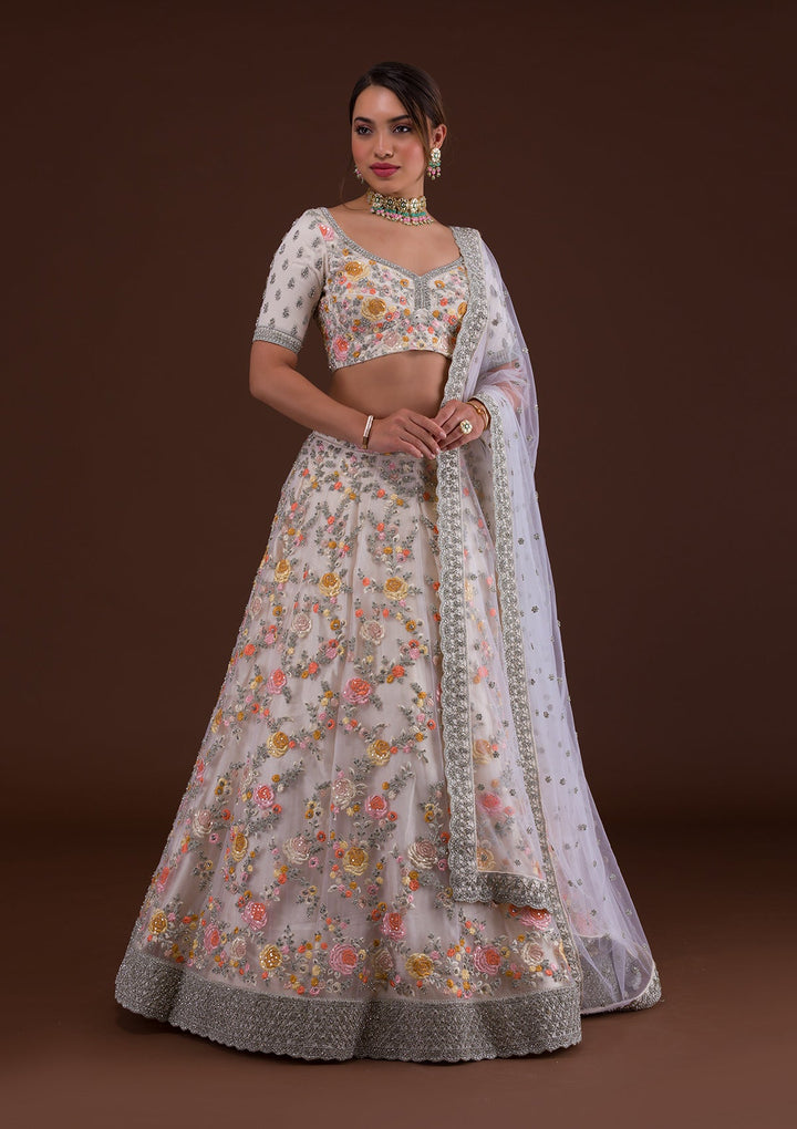 White Silver Stonework Net Designer Lehenga-Koskii