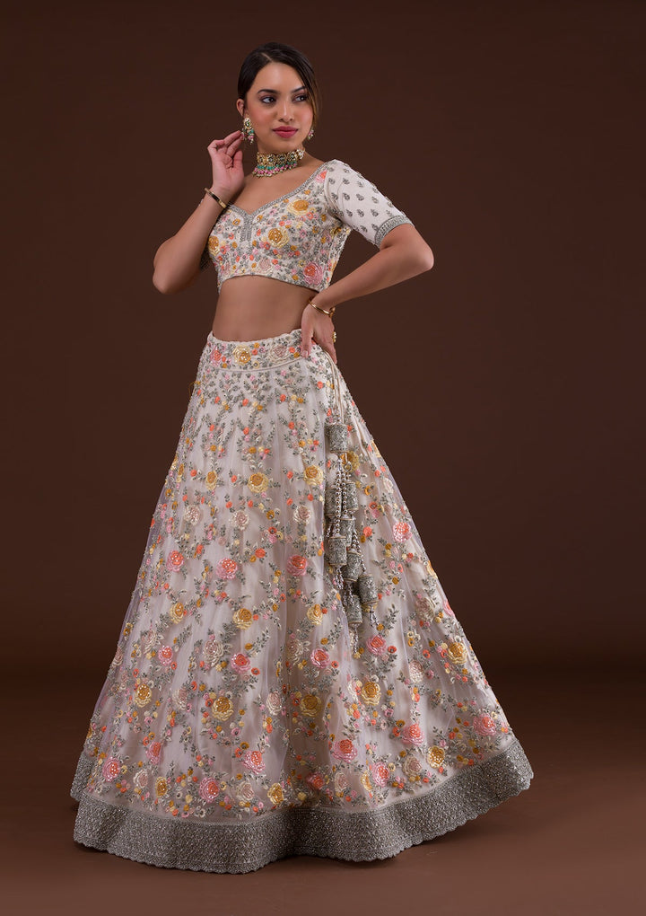 White Silver Stonework Net Designer Lehenga-Koskii