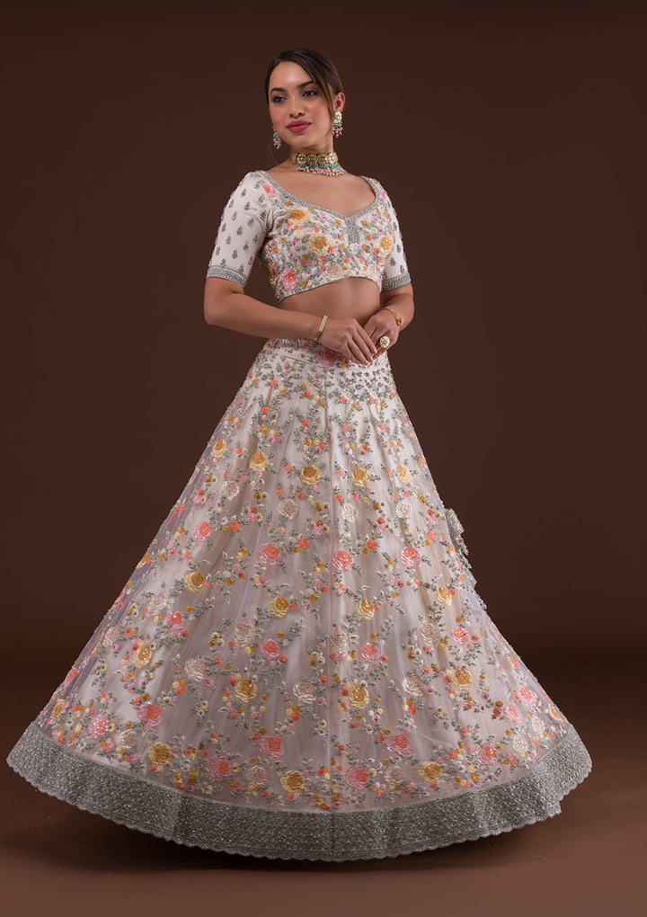 White Silver Stonework Net Designer Lehenga-Koskii