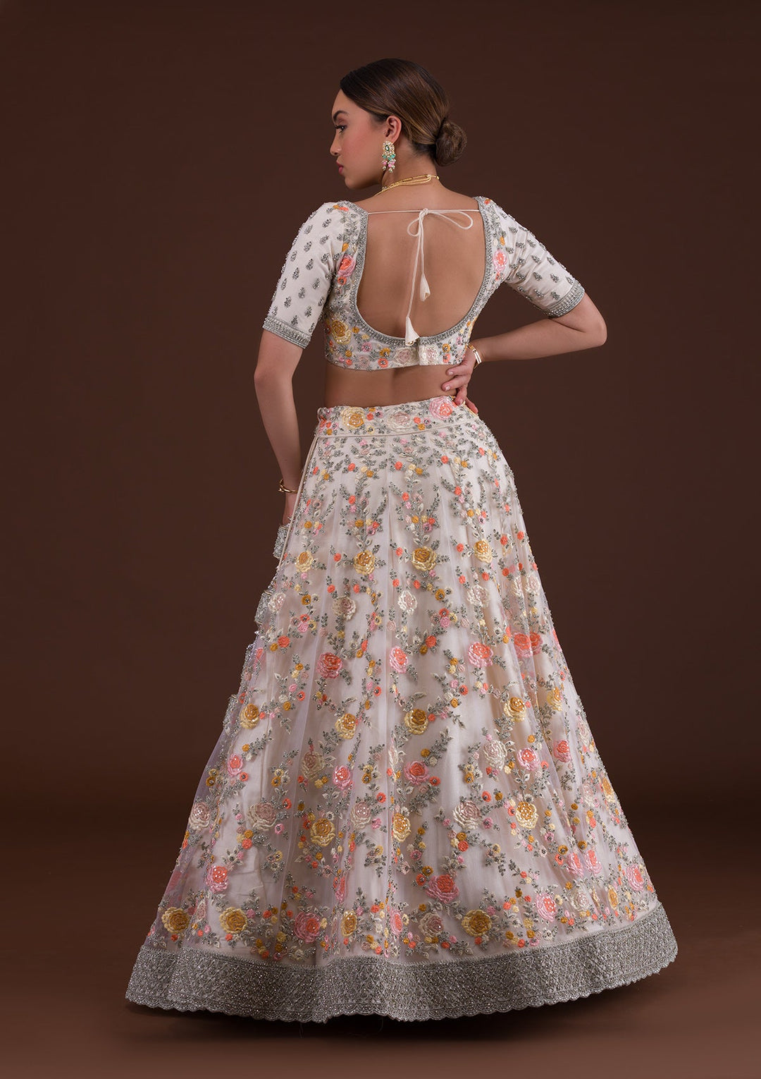White Silver Stonework Net Designer Lehenga-Koskii