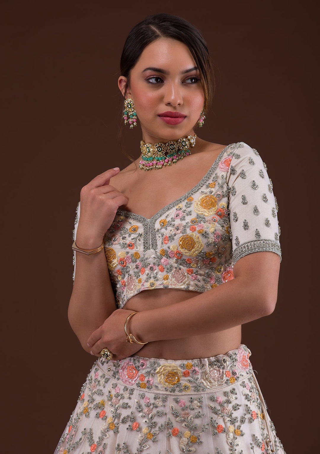 White Silver Stonework Net Designer Lehenga-Koskii