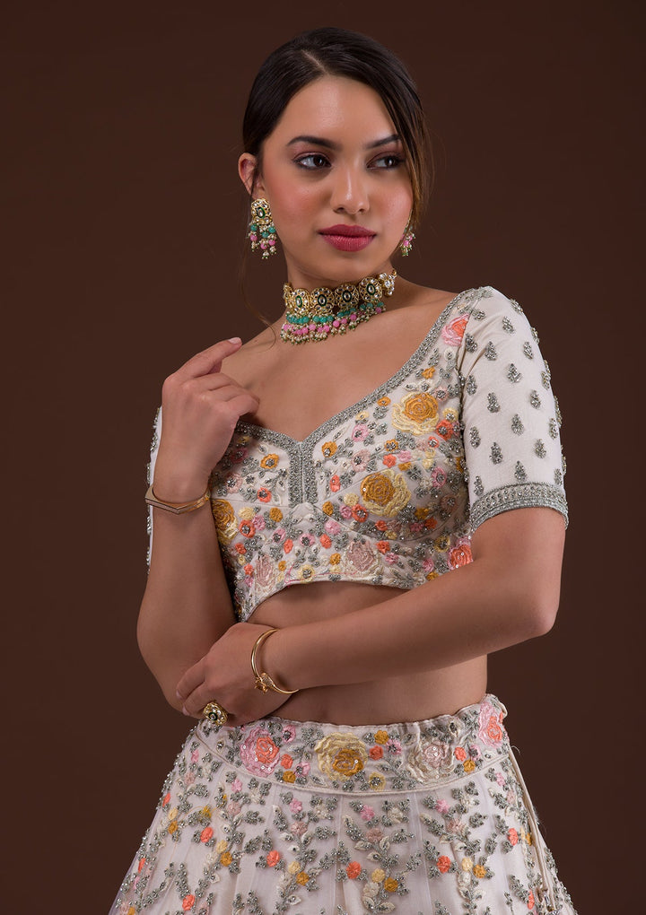 White Silver Stonework Net Designer Lehenga-Koskii