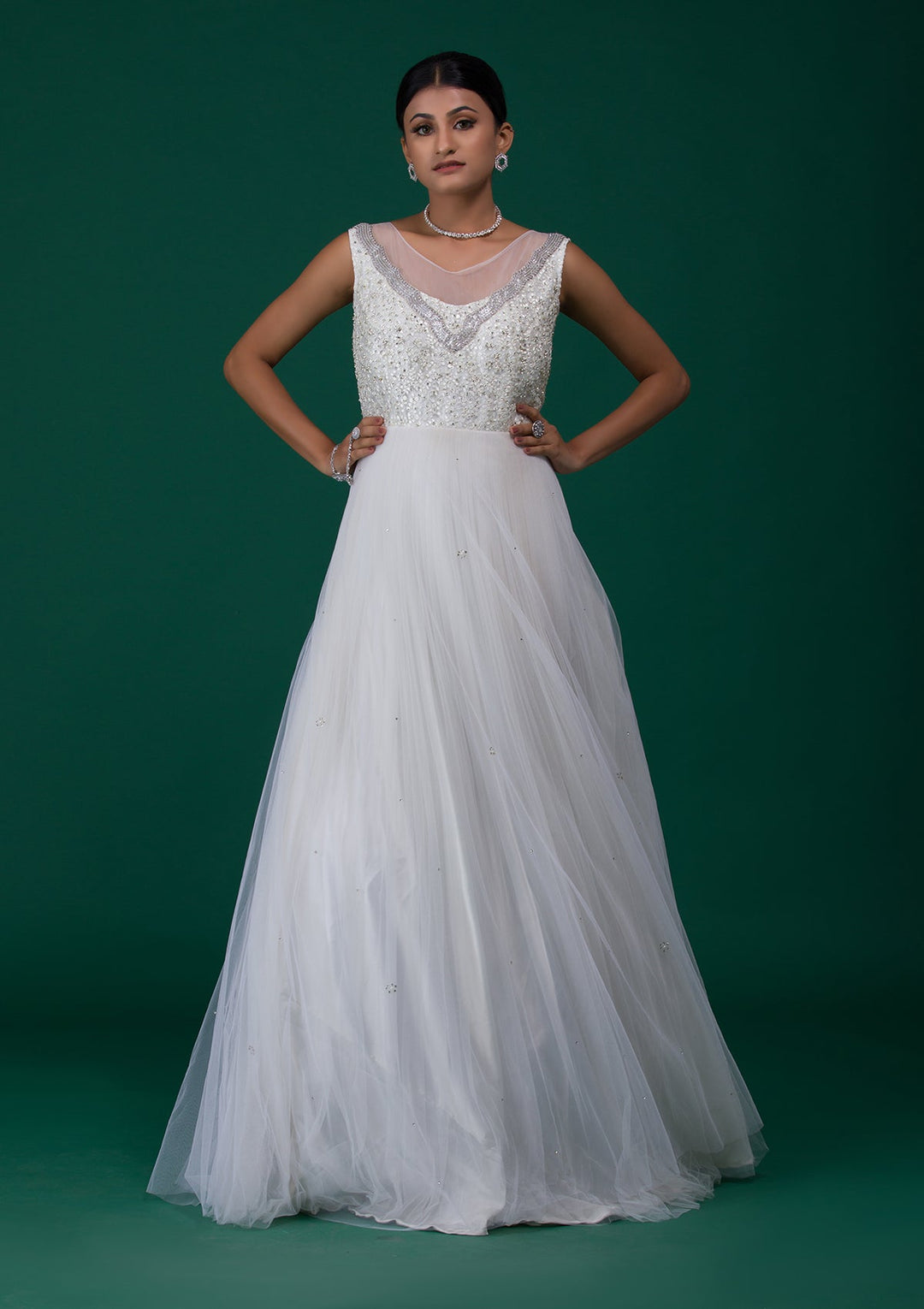 White Stonework Net Designer Gown-Koskii