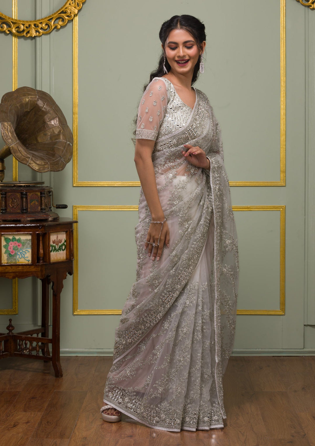 White Stonework Net Saree-Koskii