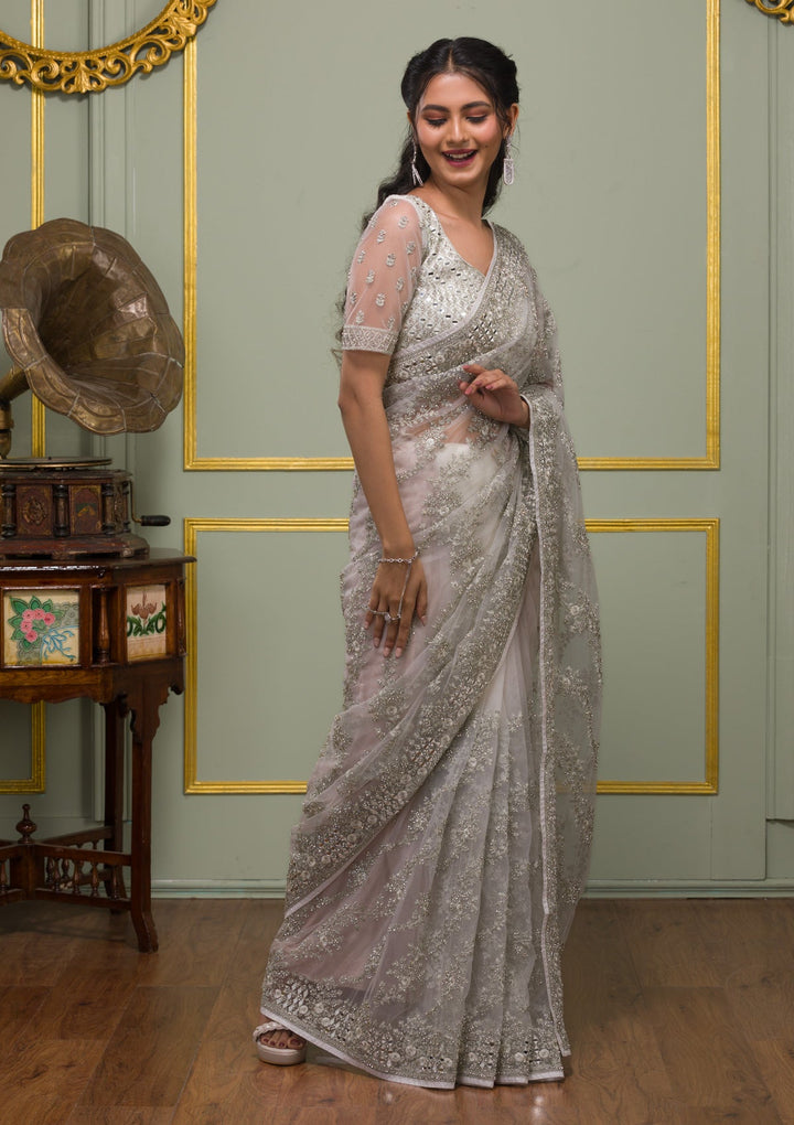 White Stonework Net Saree-Koskii