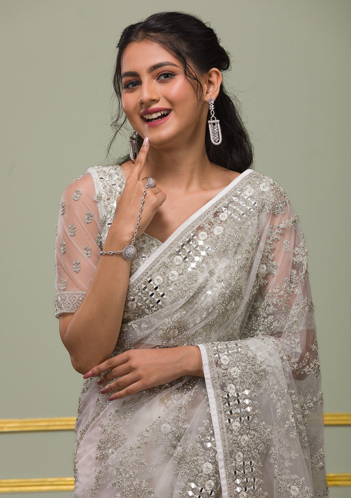 White Stonework Net Saree-Koskii