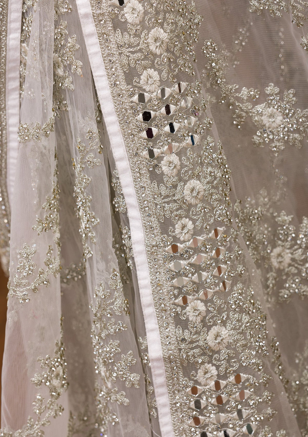 White Stonework Net Saree-Koskii