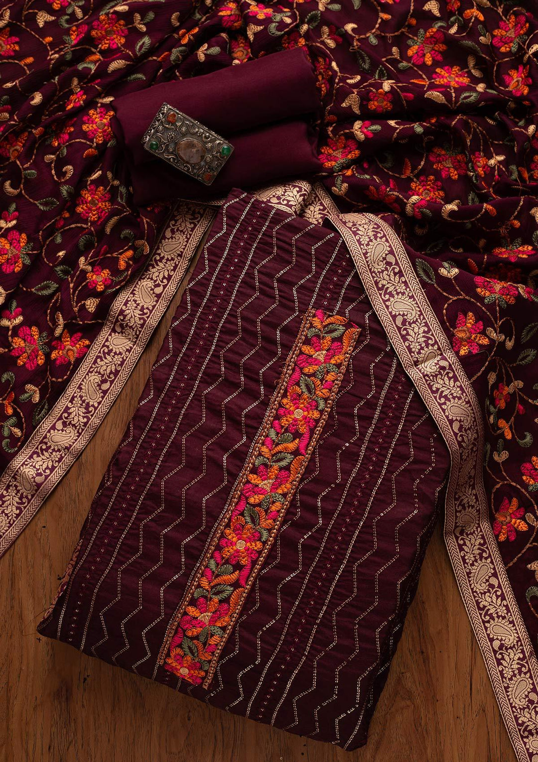 Wine Chikankari Semi Crepe Designer Unstitched Salwar Suit - koskii