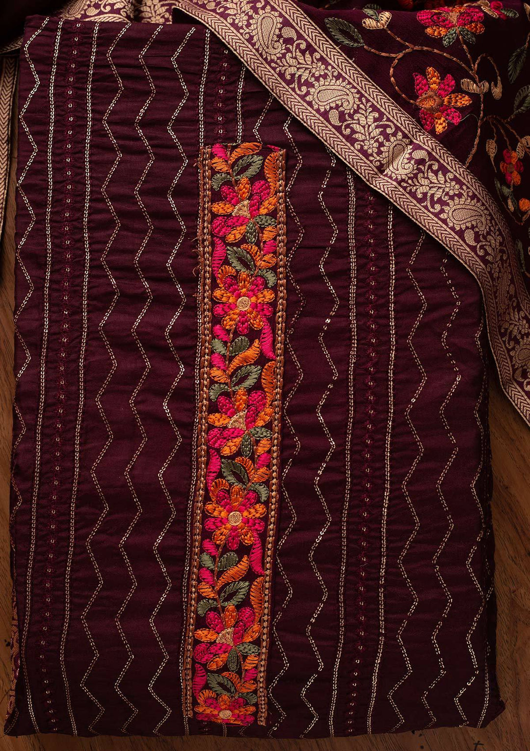 Wine Chikankari Semi Crepe Designer Unstitched Salwar Suit - koskii