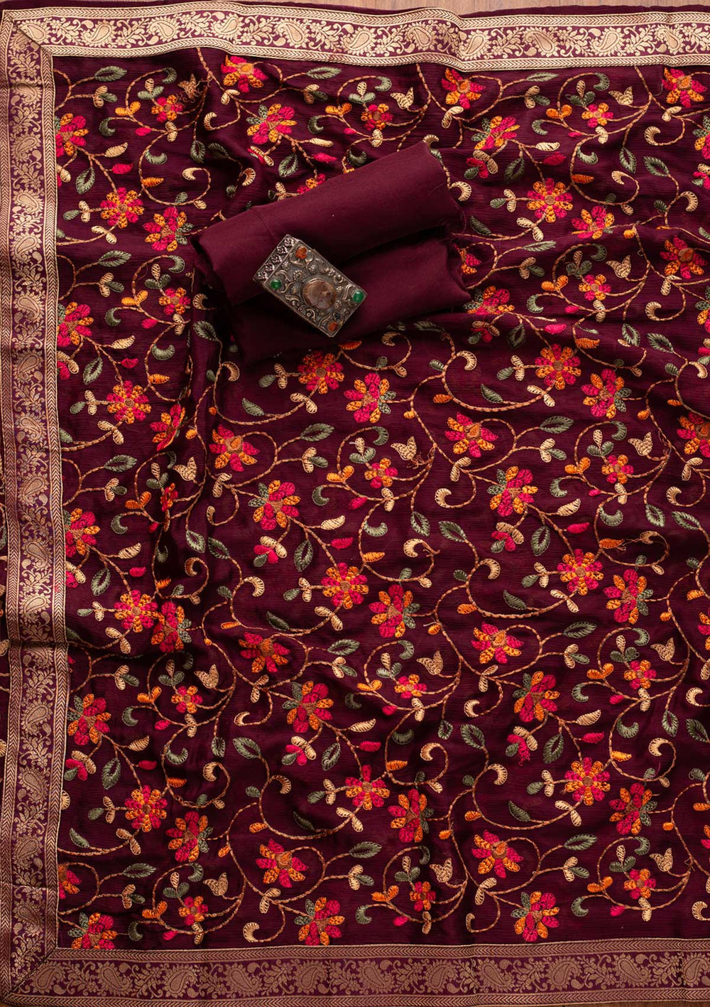 Wine Chikankari Semi Crepe Designer Unstitched Salwar Suit - koskii