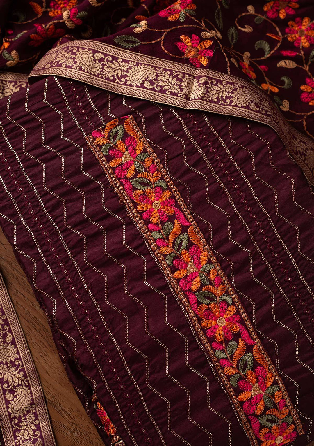Wine Chikankari Semi Crepe Designer Unstitched Salwar Suit - koskii