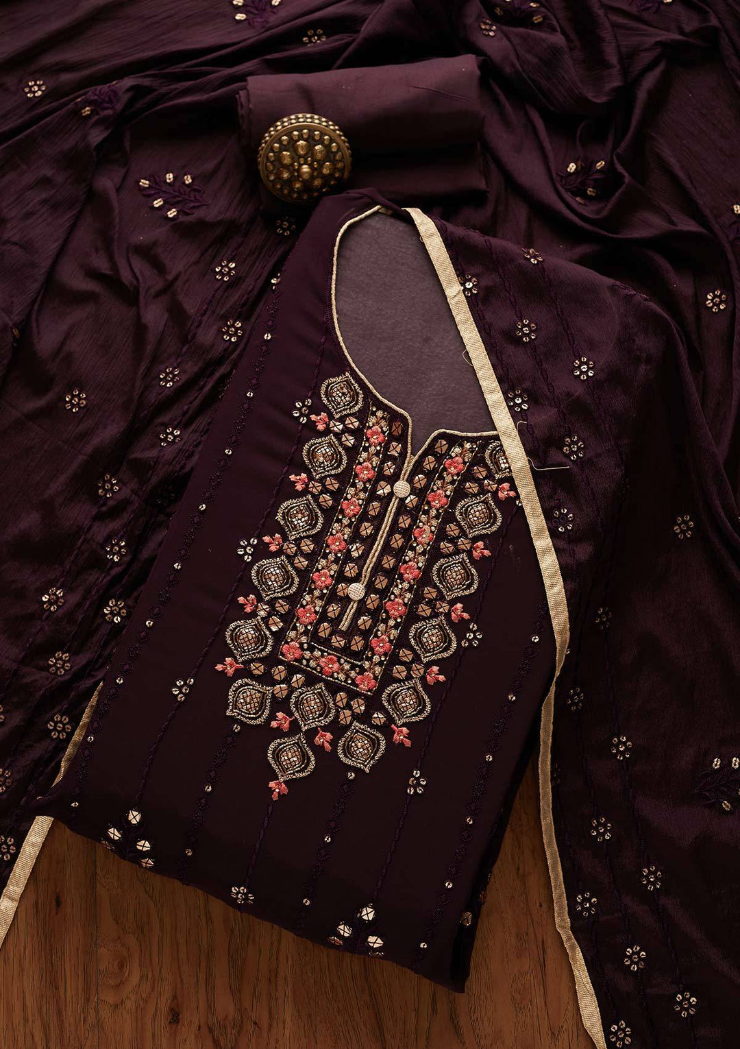 Wine Cutdana Georgette Designer Semi-Stitched Salwar Suit - Koskii