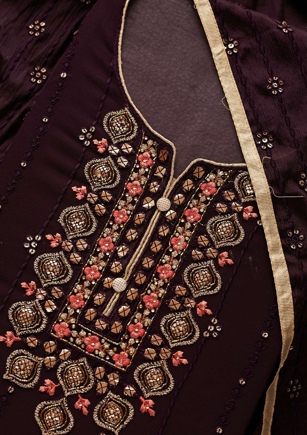 Wine Cutdana Georgette Designer Semi-Stitched Salwar Suit - Koskii