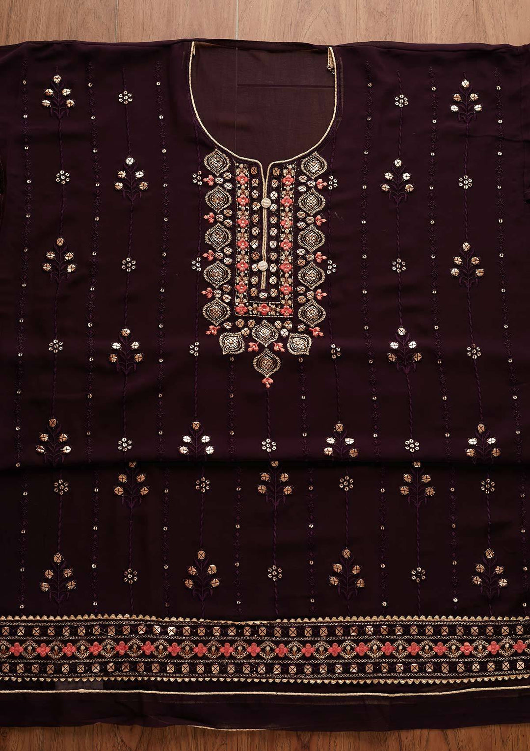 Wine Cutdana Georgette Designer Semi-Stitched Salwar Suit - Koskii