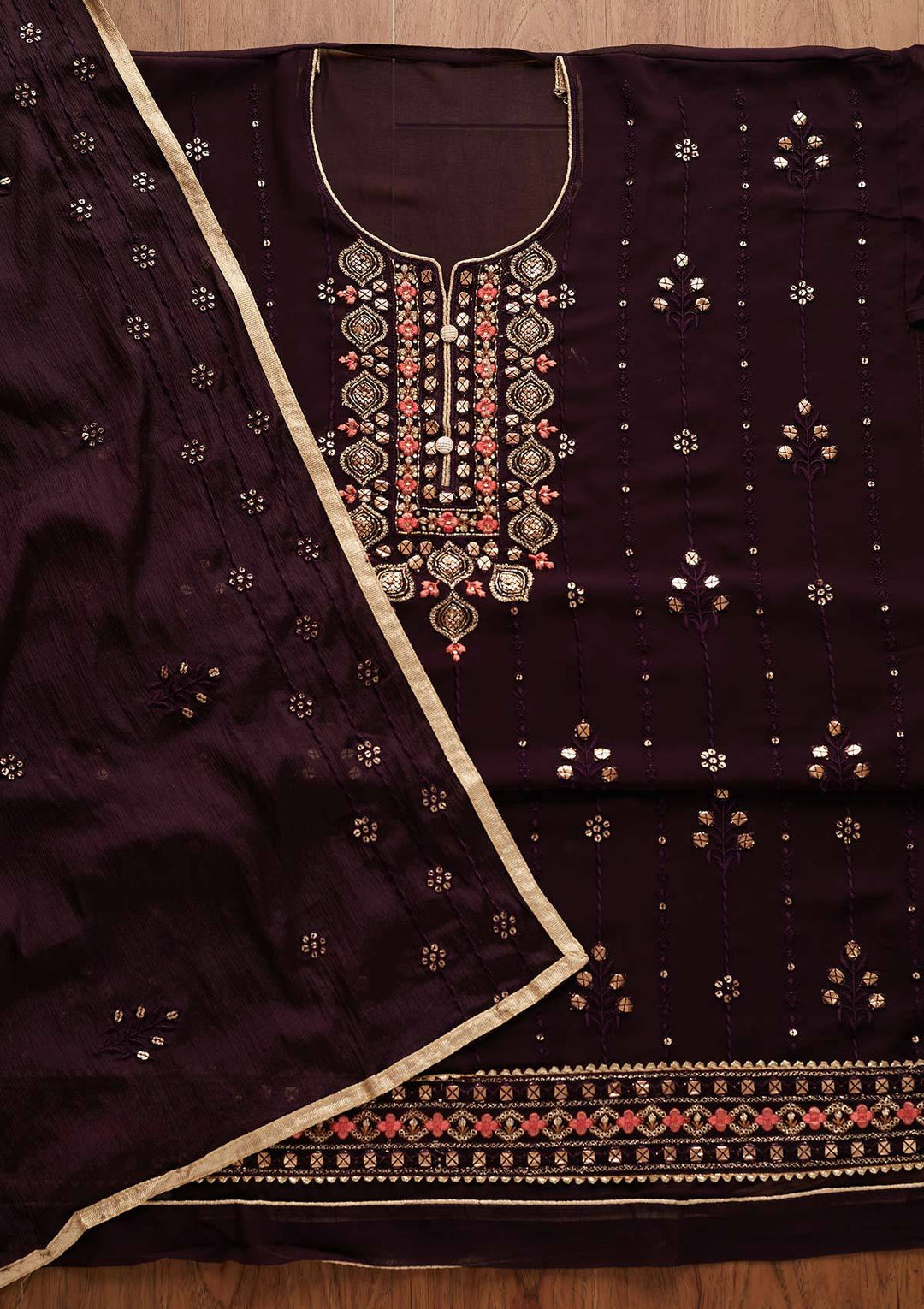 Wine Cutdana Georgette Designer Semi-Stitched Salwar Suit - Koskii