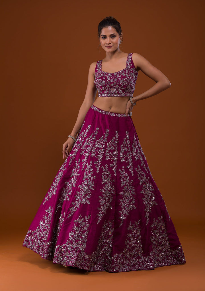 Wine Cutdana Raw Silk Designer Lehenga-Koskii