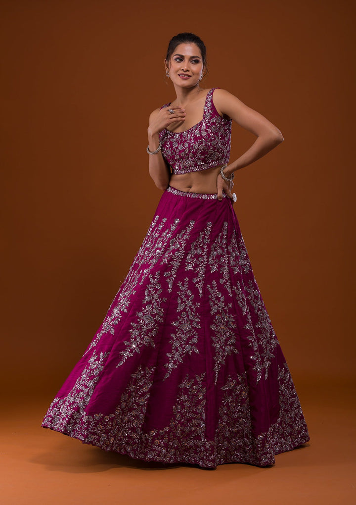 Wine Cutdana Raw Silk Designer Lehenga-Koskii