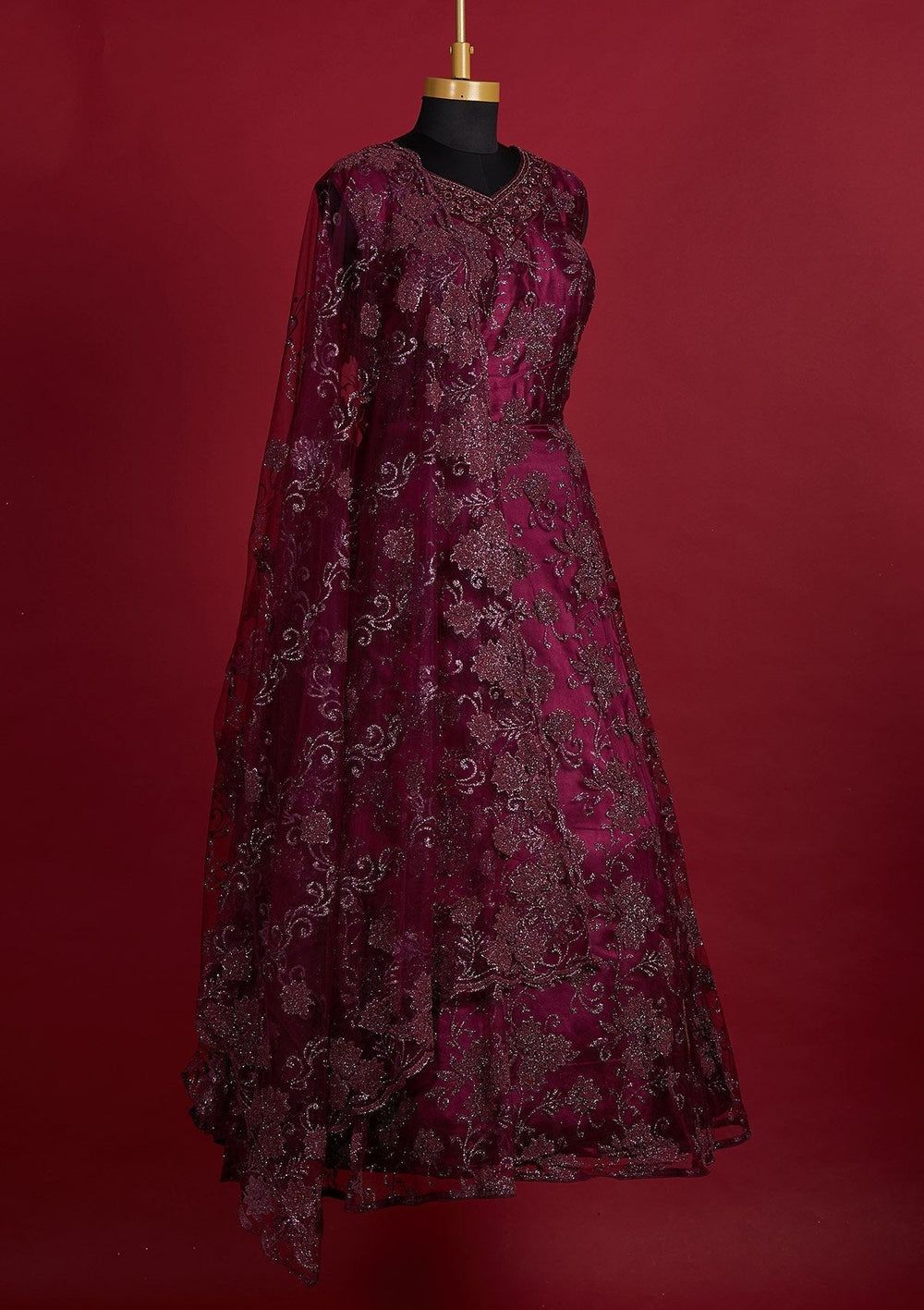 Wine Glitter Net Designer Gown - Koskii
