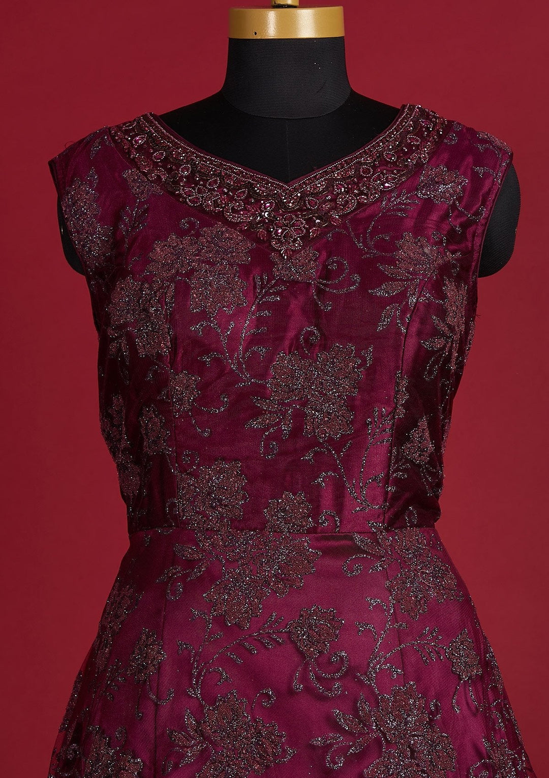 Wine Glitter Net Designer Gown - Koskii