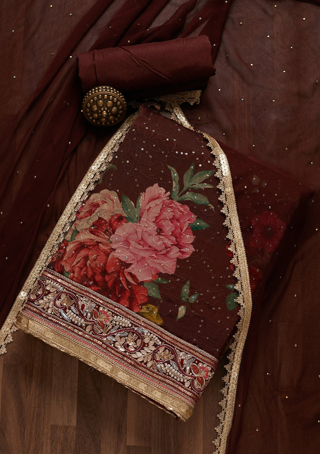 Wine Gotapatti Georgette Unstitched Salwar Suit- Koskii