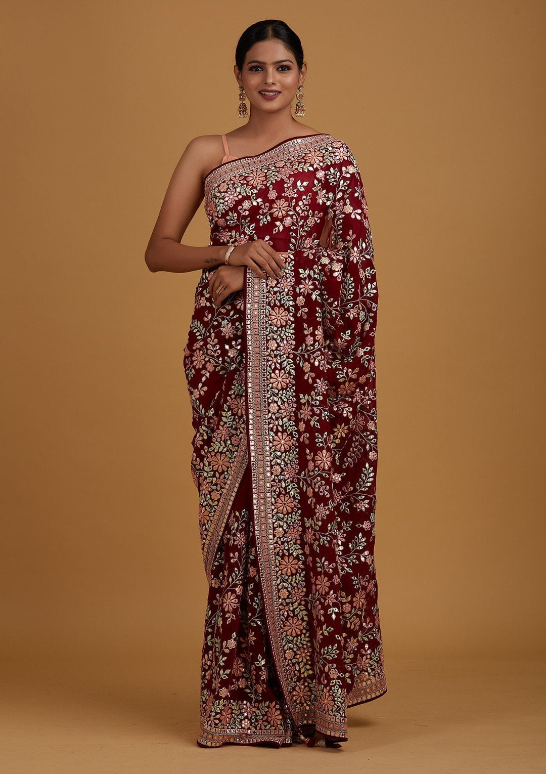 Wine Gotapatti Georgette Designer Saree - Koskii