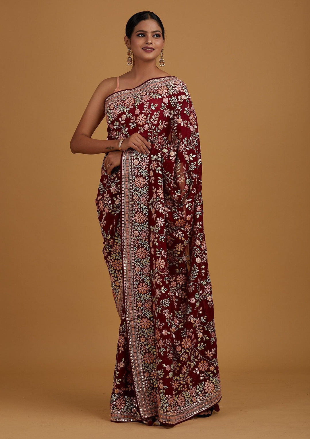 Wine Gotapatti Georgette Designer Saree - Koskii