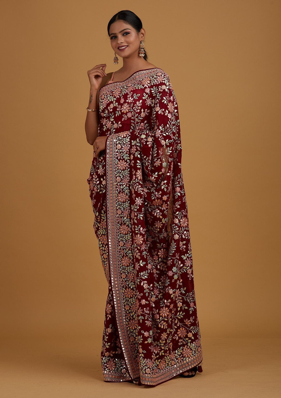 Wine Gotapatti Georgette Designer Saree - Koskii