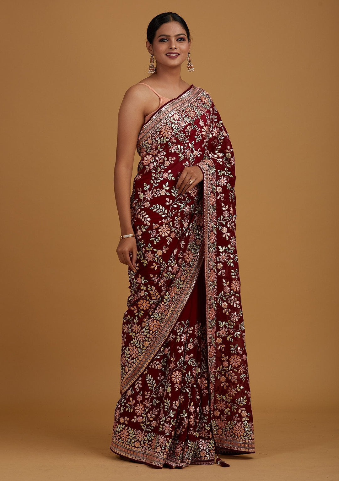 Wine Gotapatti Georgette Designer Saree - Koskii