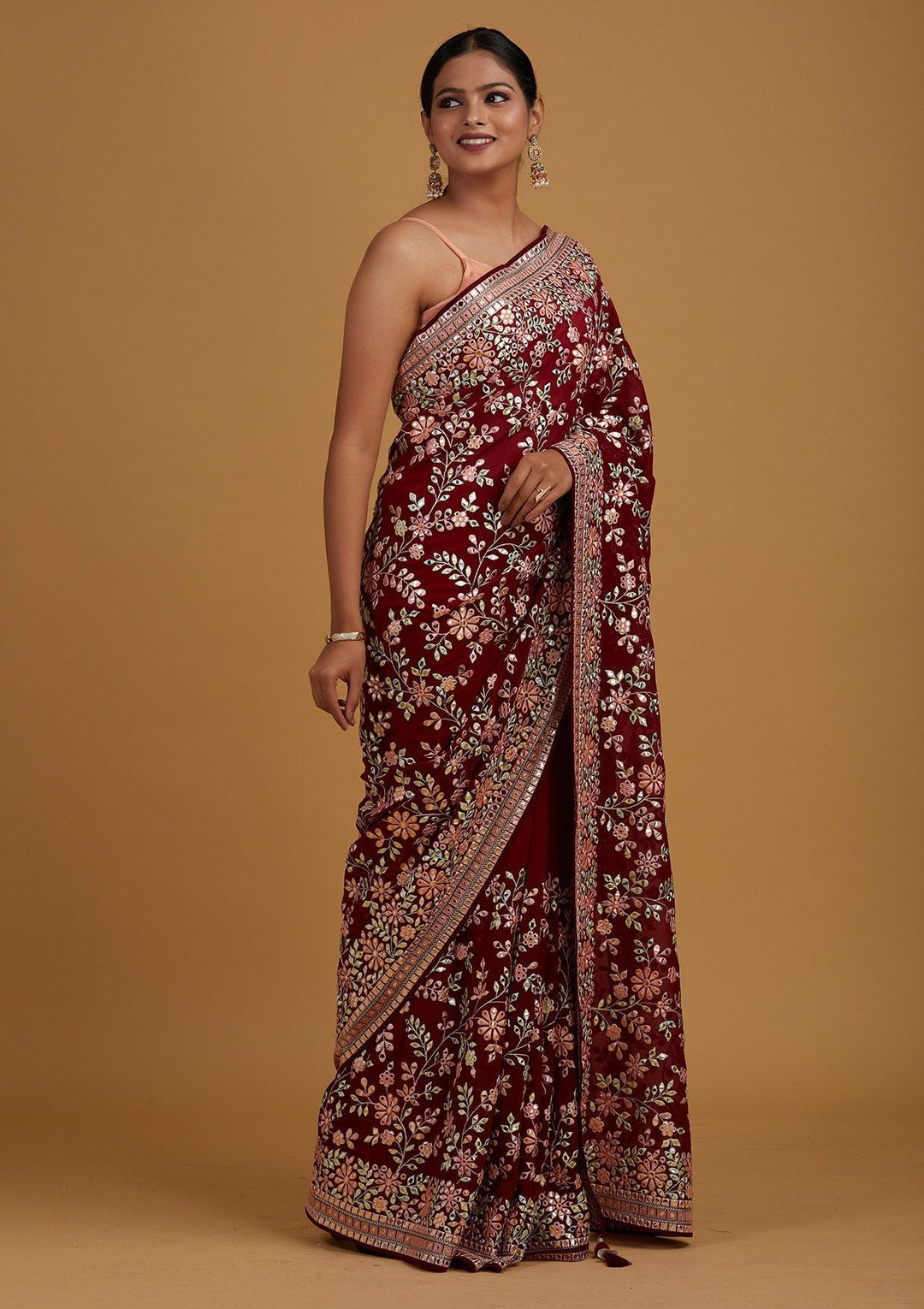 Wine Gotapatti Georgette Designer Saree - Koskii
