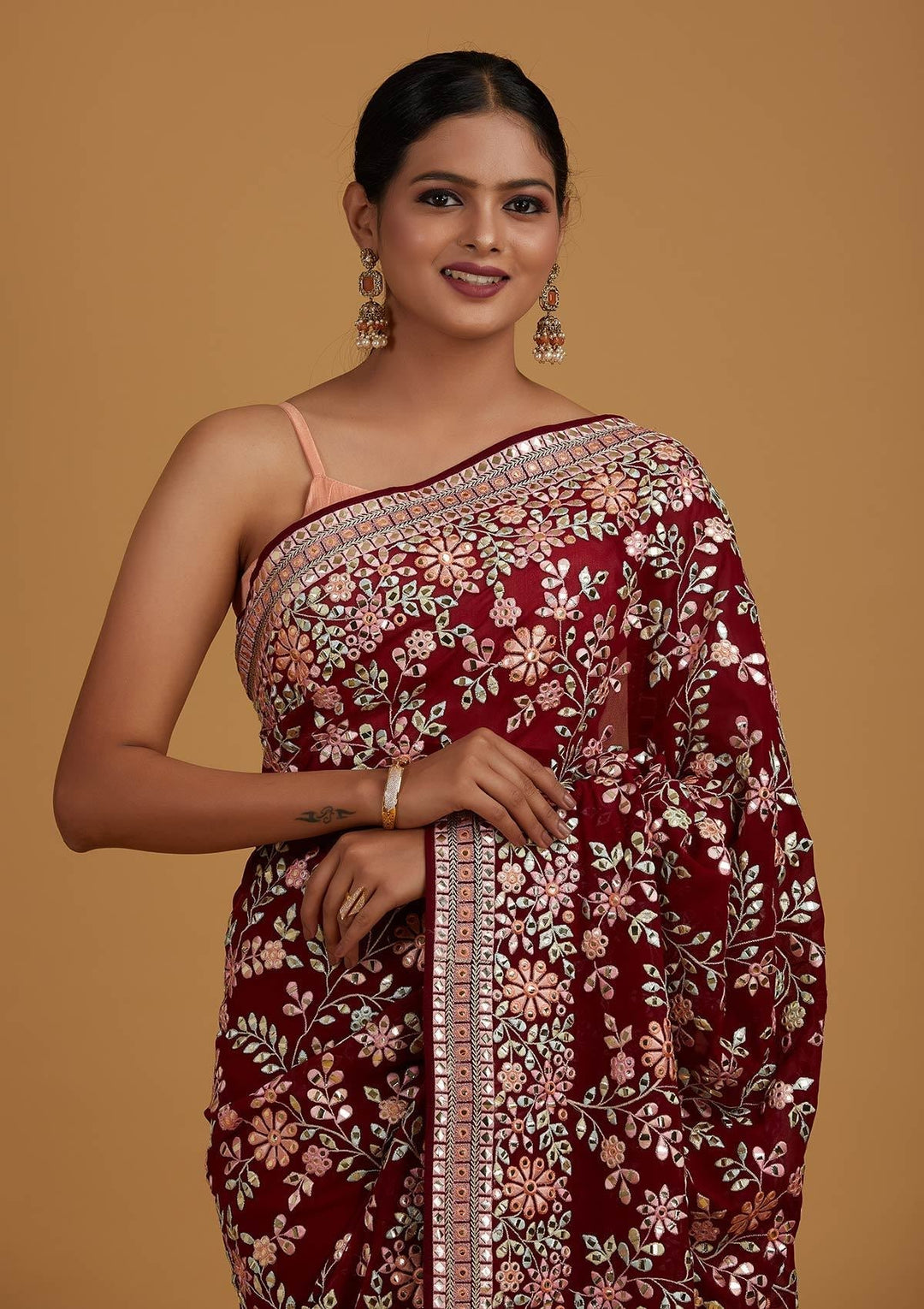 Wine Gotapatti Georgette Designer Saree - Koskii
