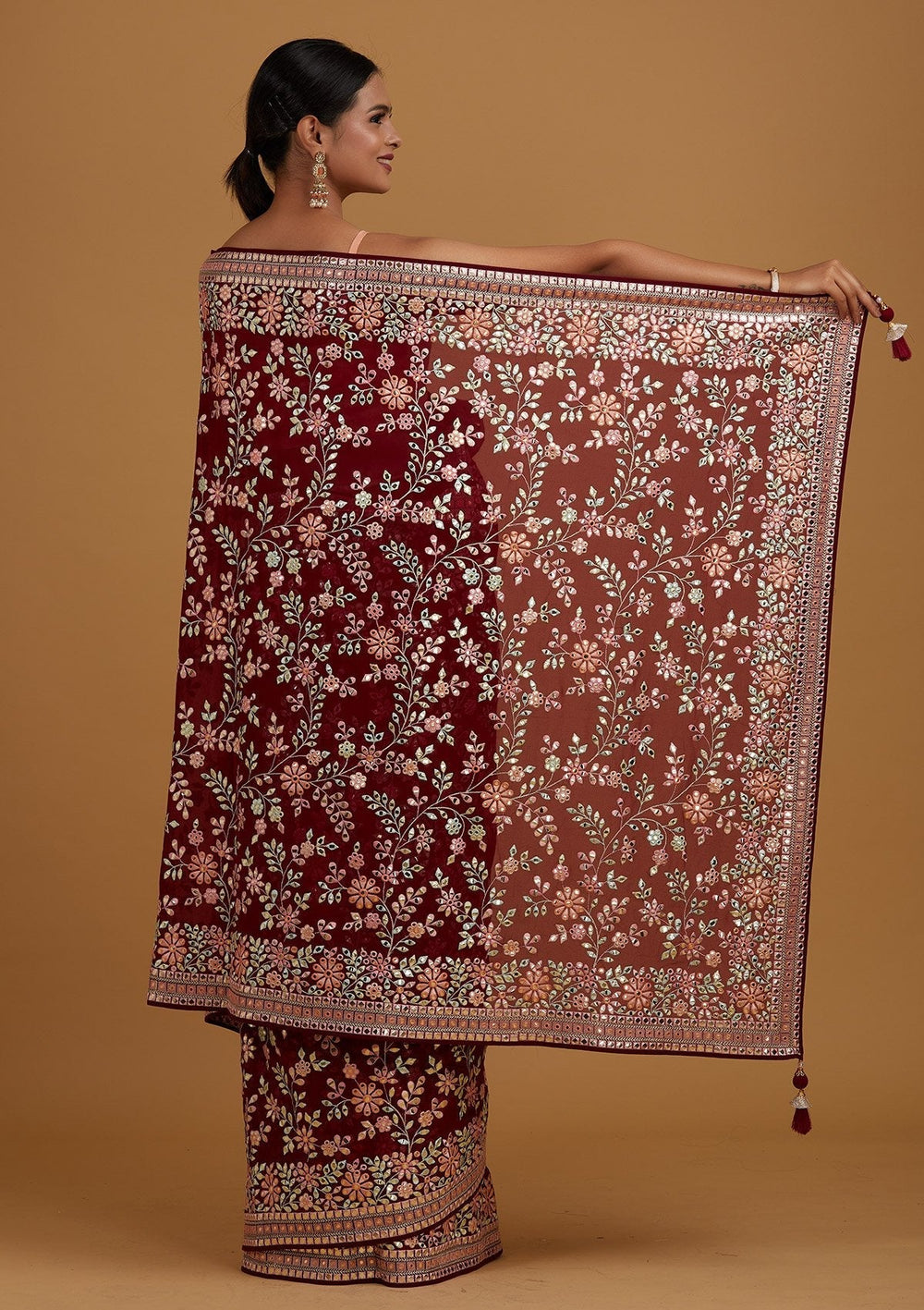 Wine Gotapatti Georgette Designer Saree - Koskii