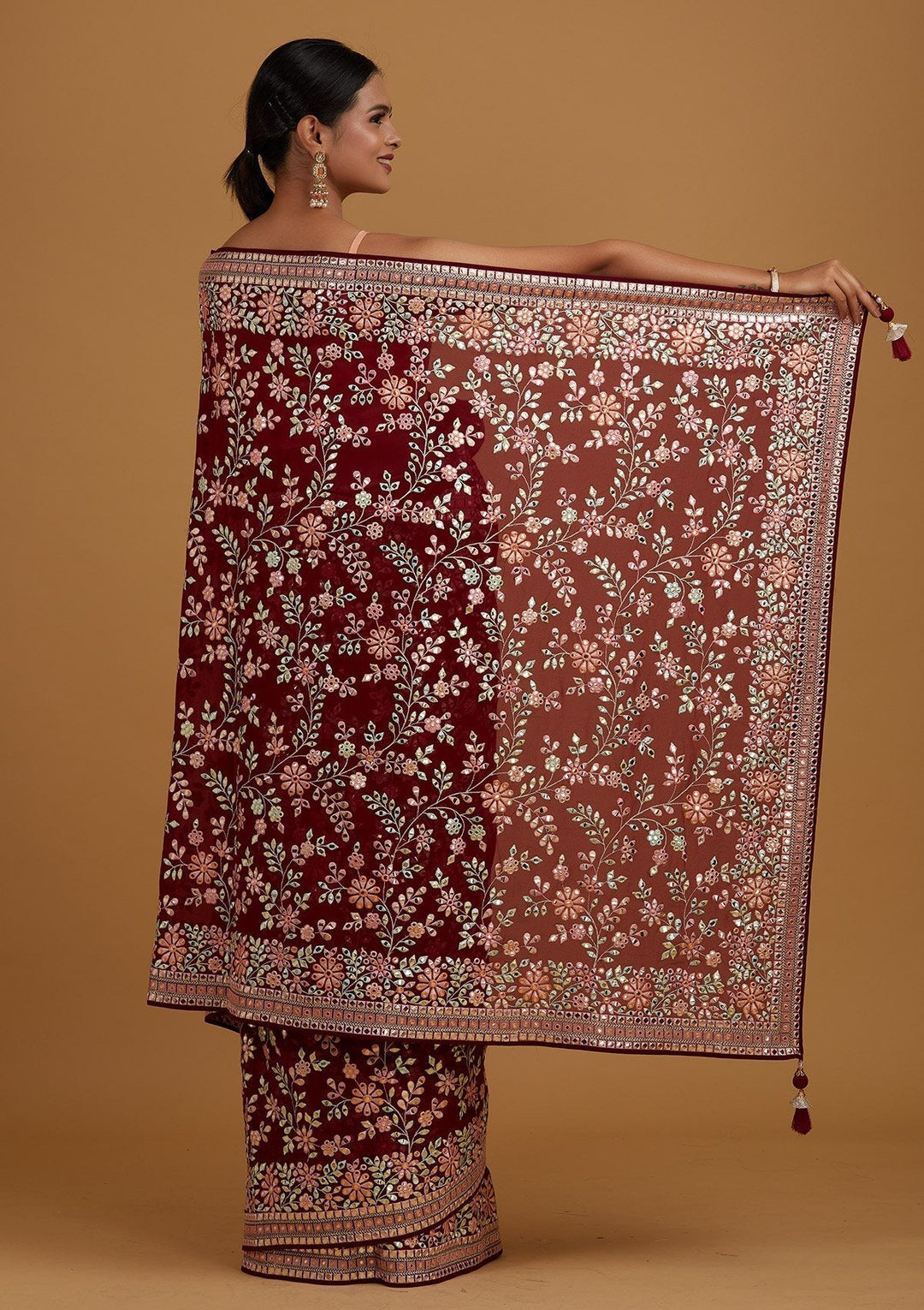 Wine Gotapatti Georgette Designer Saree - Koskii