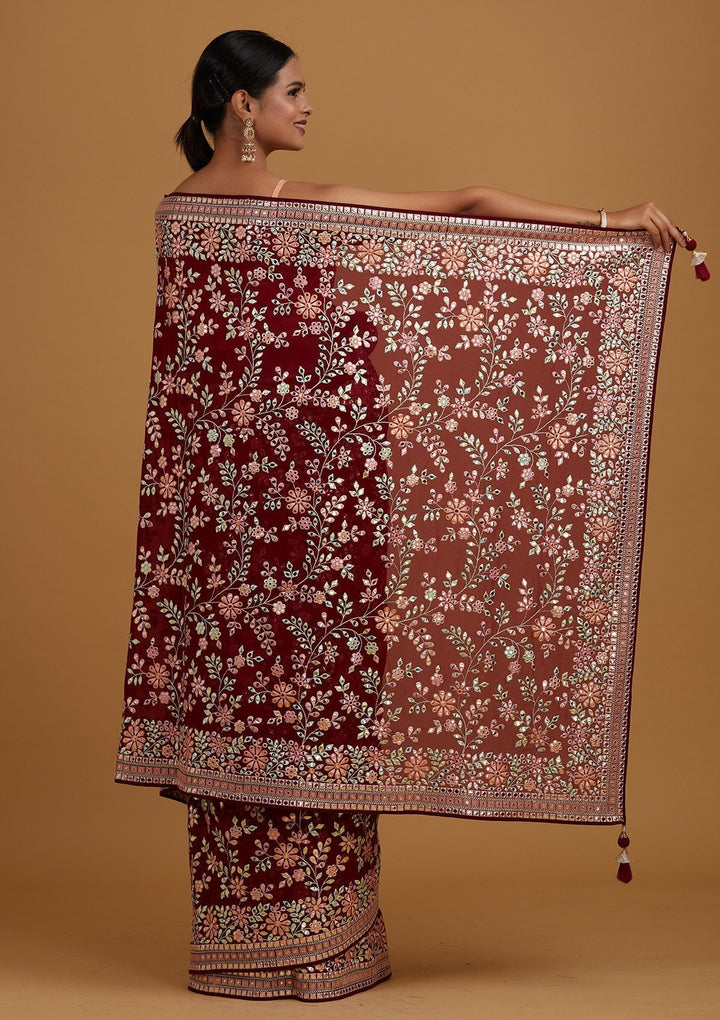 Wine Gotapatti Georgette Designer Saree - Koskii