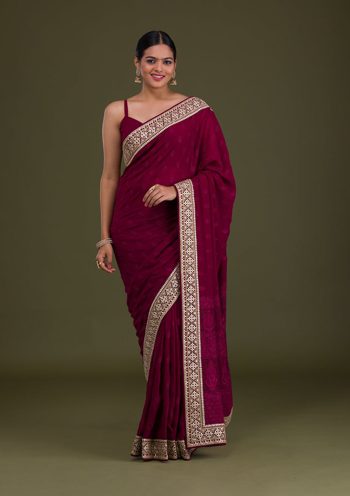Wine Gotapatti Georgette Unstitched Saree-Koskii