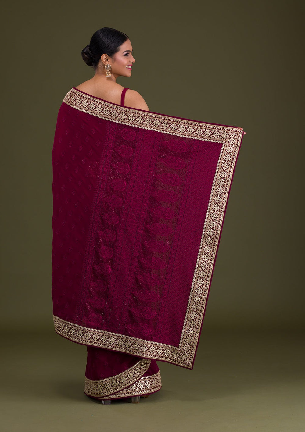 Wine Gotapatti Georgette Unstitched Saree-Koskii