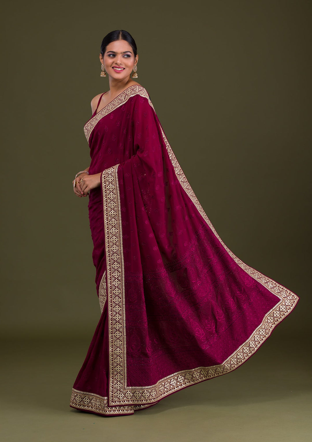 Wine Gotapatti Georgette Unstitched Saree-Koskii